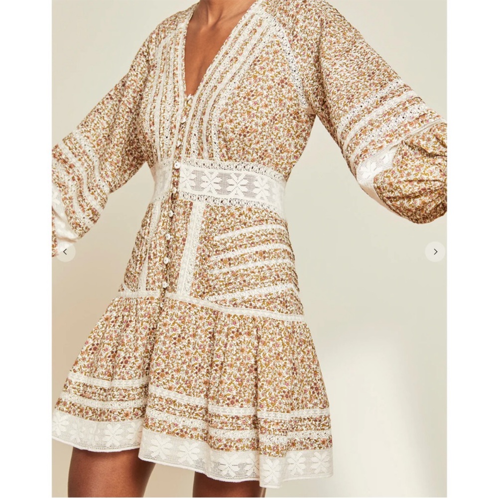 VERONICA BEARD Cream Mini Floral Printed Lace Detail Puff Sleeve Mini Dress 4